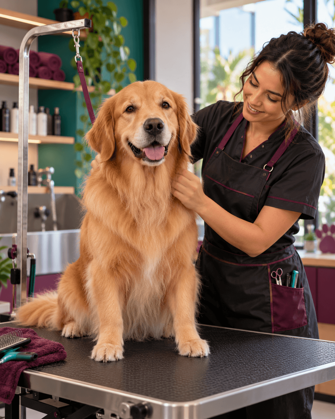 Profissional cuidando de um cão em um pet shop